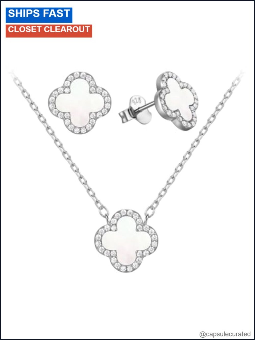 925 Sterling Silver Mother of Pearl Clover Earrings Necklace Set